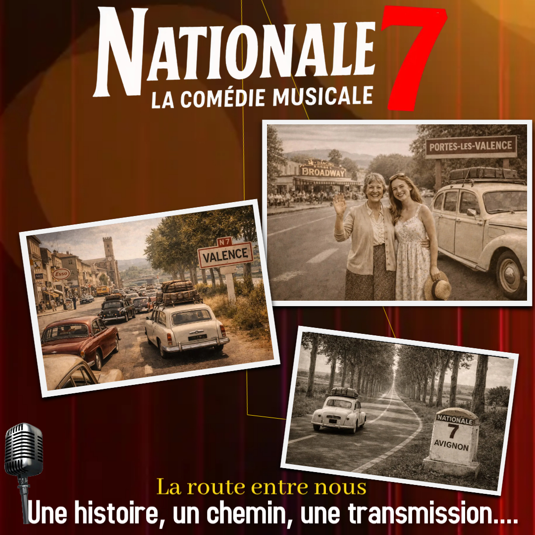 Nationale 7 : Les destins d'une grand-mère et de sa petite fille sur la fameuse Route Nationale 7. Un voyage qui changera tout et qui scellera le destin de ces deux femmes à jamais ! Un spectacle résolument moderne aux couleurs rétro, une mise en scène audacieuse, une aventure inoubliable.